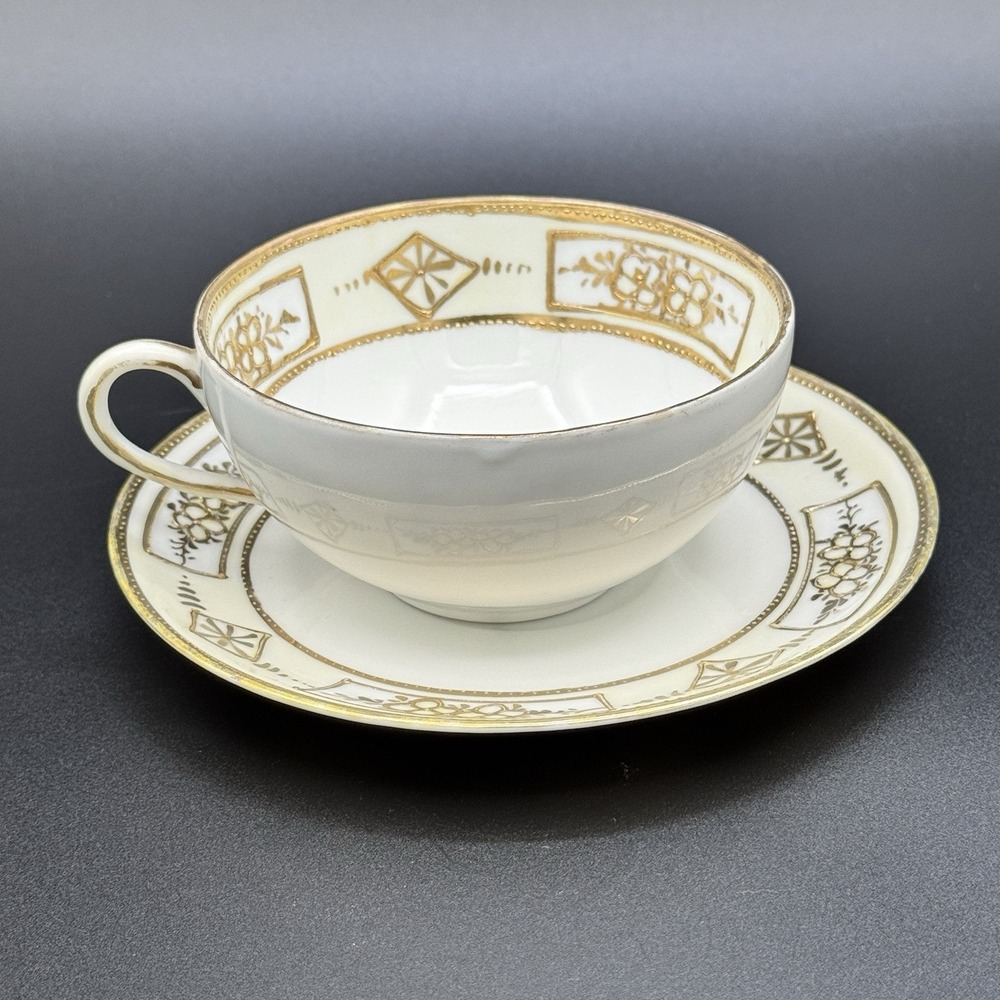 Antique Nippon Hand Painted Teacup & Saucer White Gold Gilt Pre-1921 Tea Party